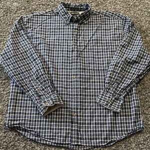 Vintage Men’s Faded Glory Navy and White Plaid Shirt (XL)